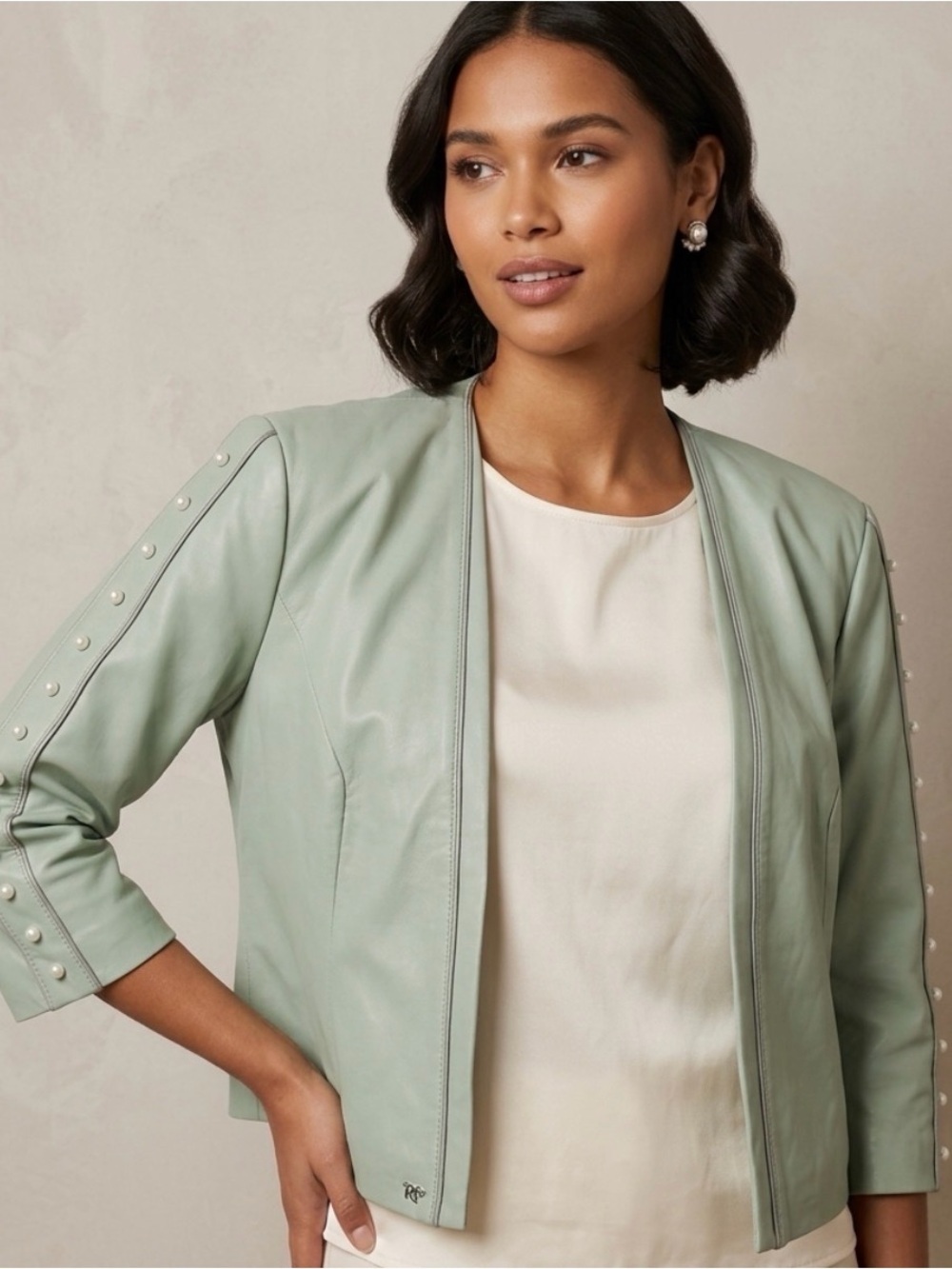Rino & Pelle Mint Green Lamb Leather Pearl Sleeve Bolero Jacket Size 42